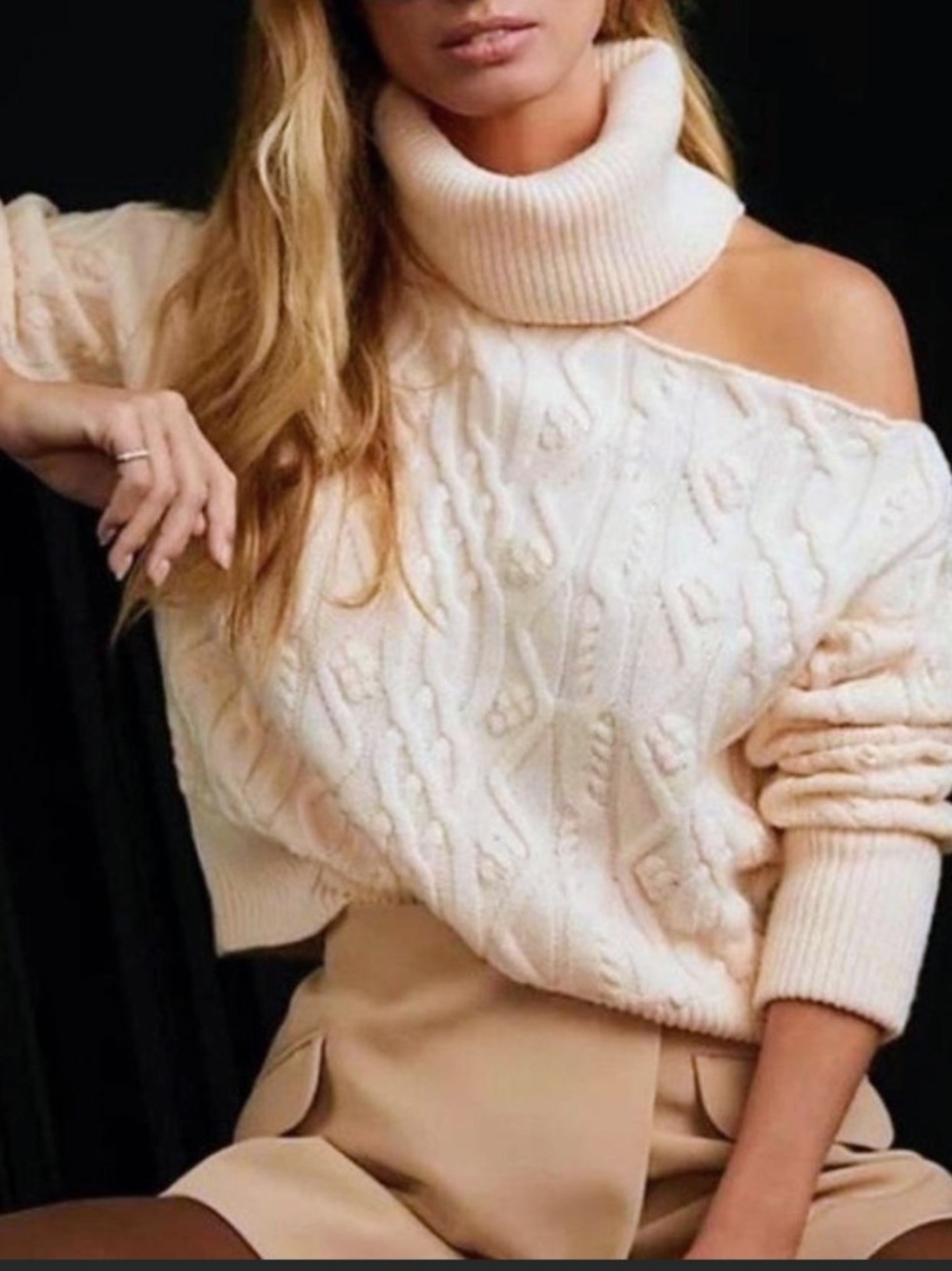 PAIGE Raundi Cable Knit Cream Turtle Neck Sweater Women's Small Wool Blend